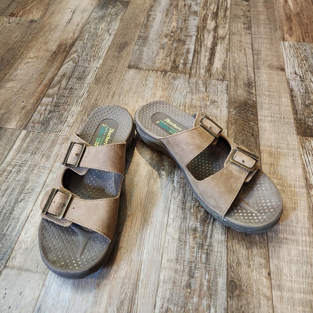 Skechers Outdoor Lifestyle Womens 7 Brown Leather Double Buckle Slide Sandals